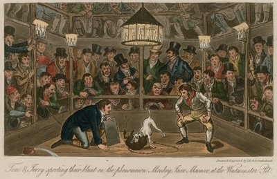 Tom en Jerry sporten hun stomp op het fenomeen Aap, Jacco Macacco, in de Westminster Pit door Isaac, Robert and George Cruikshank